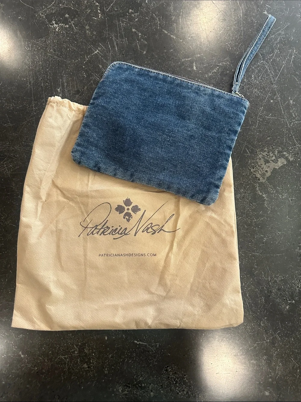 Patricia Nash Denim Wristlet with Multicolor Floral Embroidery